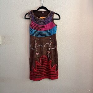 Sleeveless Dress Embroidered Applique‎ Brown Red Purple Blue Size Unknown